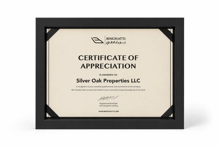 Binghatti Certificate of Appreciation awarded to SILVER OAK PROPERTIES LLC, signed by Muhammad BinGhatti